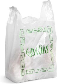 Pack of 1000 Gracias Plastic Bags 11.5 x 6.5 x 21. Carry-Out T-Shirt Bags 11 1/2 x 6 1/2 x 21. Thickness 0.65 mil. Reusable Preprinted Shopping Bags.