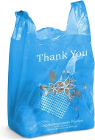 Pack of 1000 Thank You Plastic Bags 8 x 4 x 15. Blue Carry-Out T-Shirt Bags 8x4x15; Thick 0.55 mil. Reusable Preprinted Shopping Bags. Durable Poly Ba