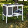 Wooden Rabbit Hutch with Wheels, Indoor/Outdoor Pet House with Pull Out Tray - Gray and White