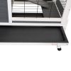 Wooden Rabbit Hutch with Wheels, Indoor/Outdoor Pet House with Pull Out Tray - Gray and White