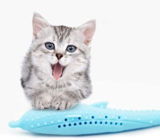 Cat Toothbrush Fish Shape with Catnip Pet Eco-Friendly Silicone Molar Stick Teeth Cleaning Toy for Cats (Color: Blue)