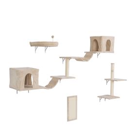 Wall-mounted Cat Tree, Cat Furniture with 2 Cat Condos House, 3 Cat Wall Shelves, 2 Ladder, 1 Cat Perch, Sisal Cat Scratching Posts and Pad (Color: as Pic)